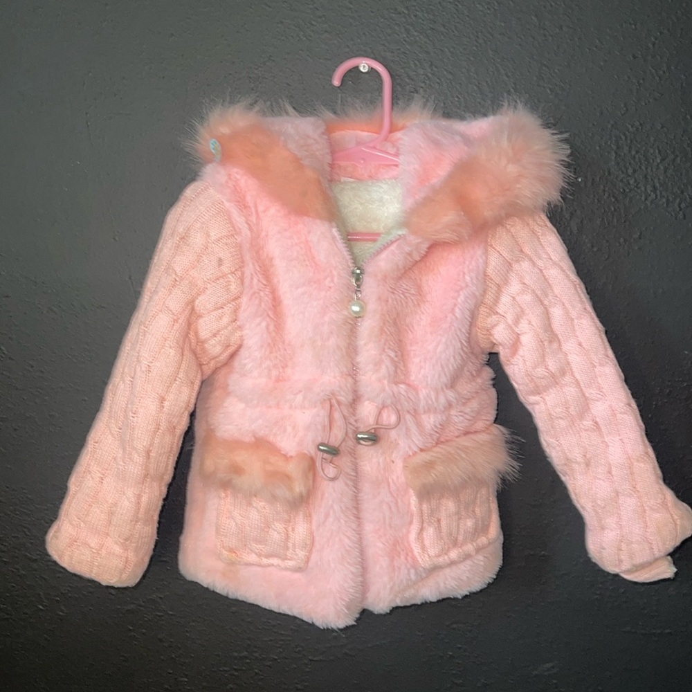 Faux Fur Cable Knit Hoodie Jacket Pearl Pull Zipper
